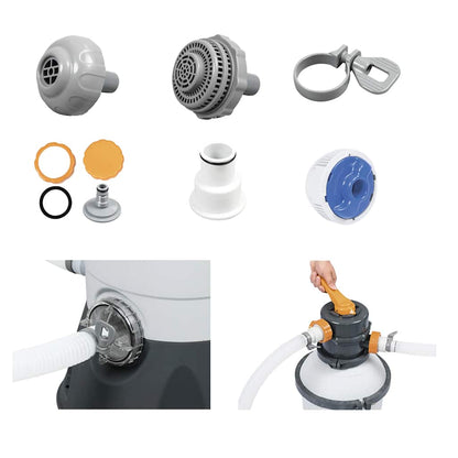 Detail van de Bestway Flowclear zandfilterpomp met accessoires en onderdelen.