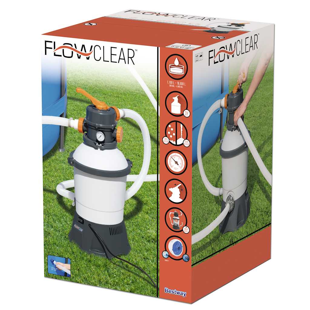 Detail van de Bestway Flowclear zandfilterpomp met aansluitingen en bedieningsknop.
