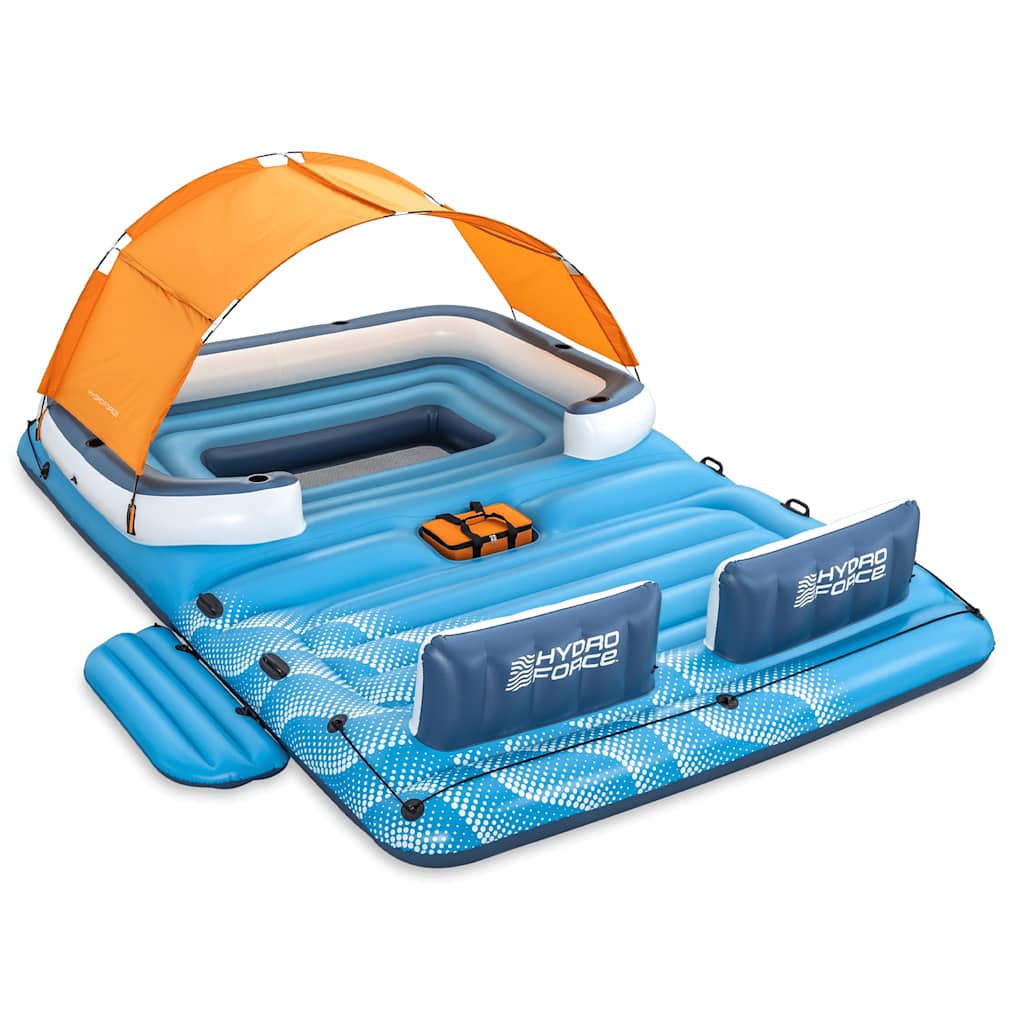 Detail van het Bestway Tropical Breeze drijfeiland met oranje zonnescherm en ingebouwde bekerhouders.