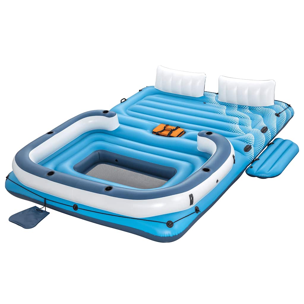 Detail van het Bestway drijfeiland met blauwe kleur, rugleuningen en ingebouwde koeltas.
