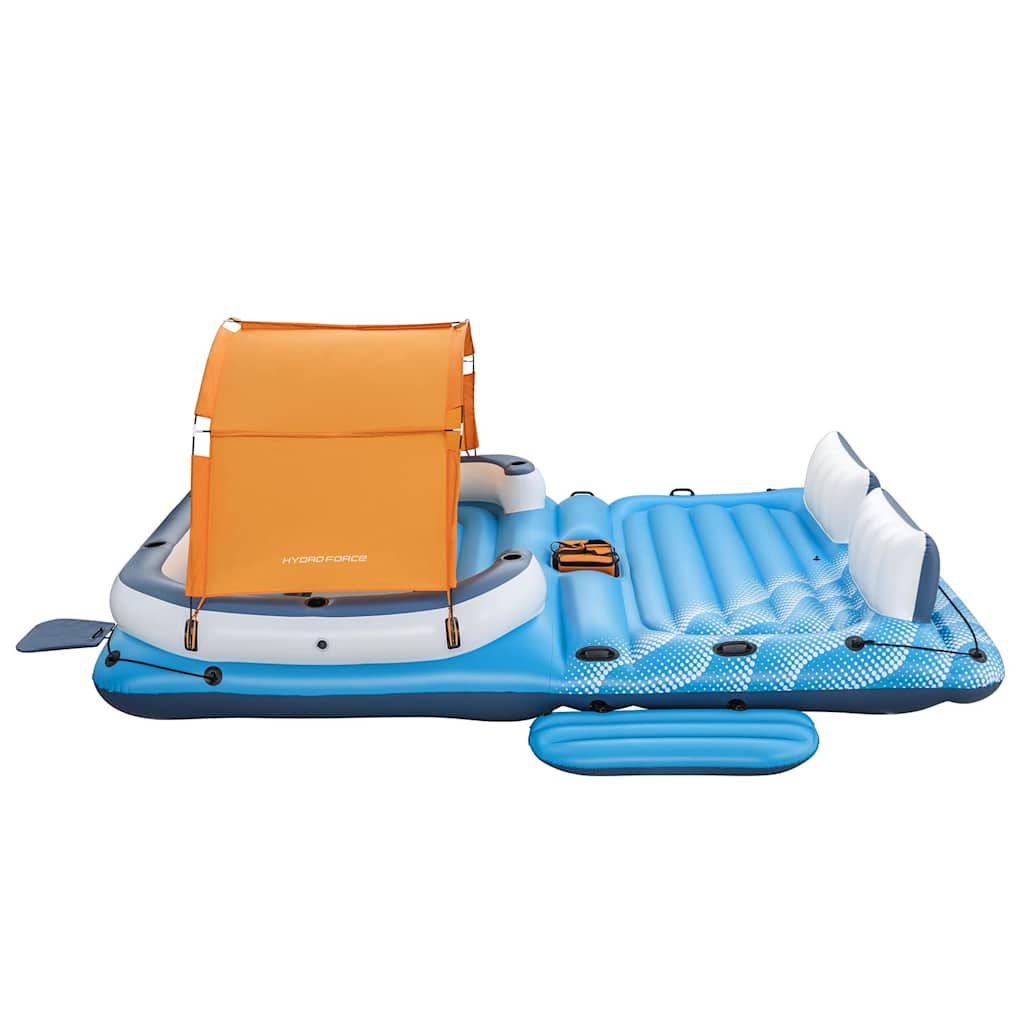 Detail van het Bestway Drijfeiland Tropical Breeze met oranje zonnescherm en ingebouwde bekerhouders.