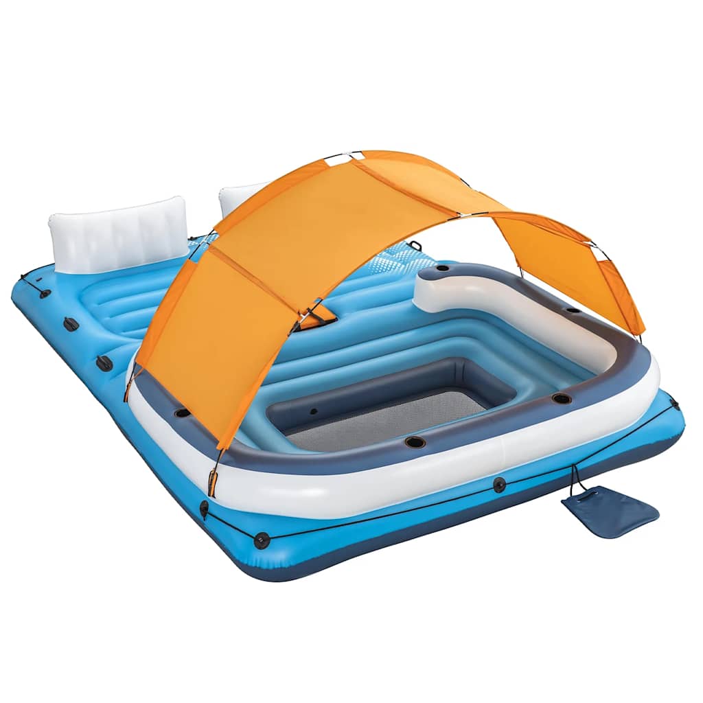 Detail van het Bestway Tropical Breeze drijfeiland met oranje zonnescherm en ingebouwde bekerhouders.