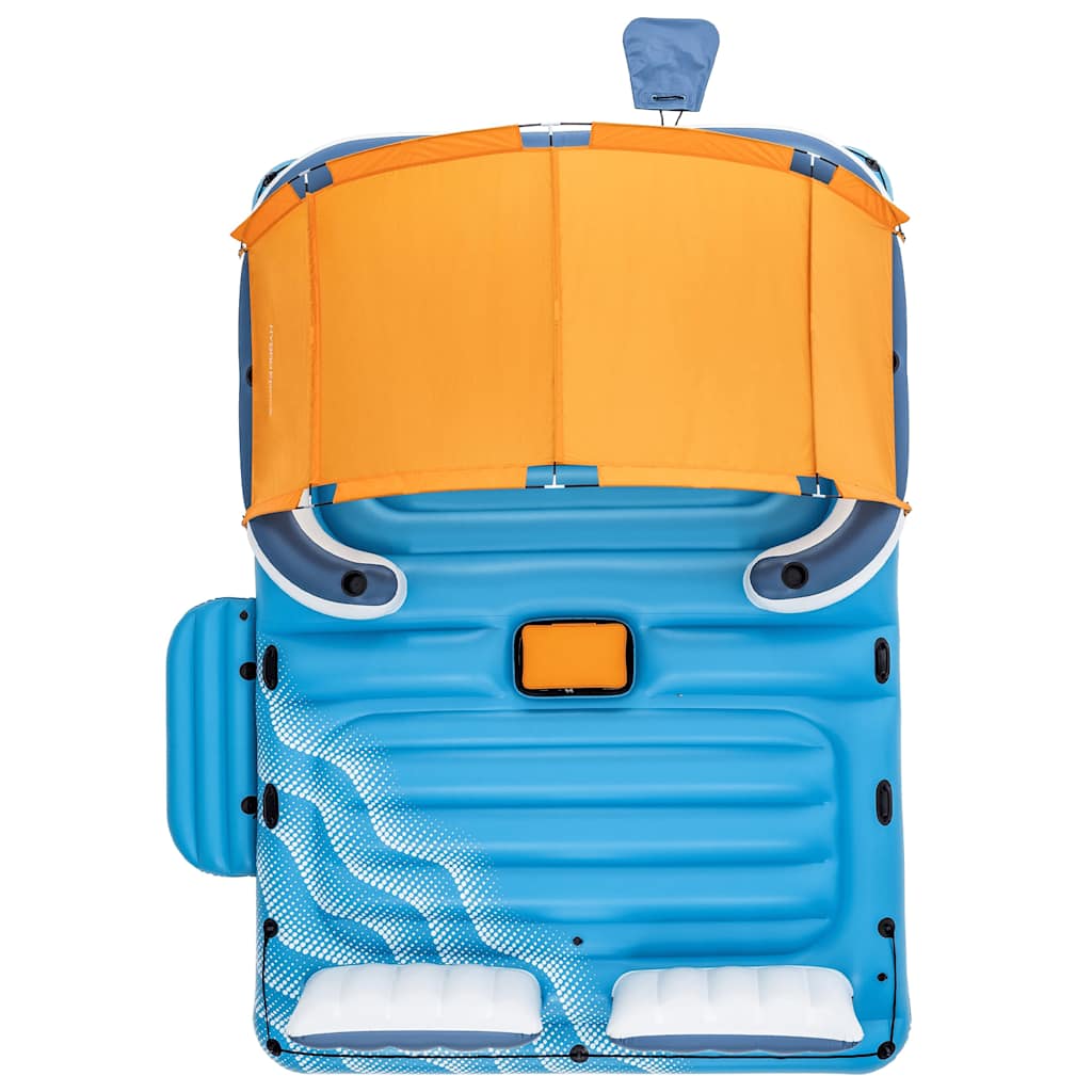 Bovenaanzicht van het Bestway Drijfeiland Tropical Breeze met oranje zonnescherm en ingebouwde bekerhouders.
