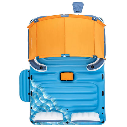 Bovenaanzicht van het Bestway Drijfeiland Tropical Breeze met oranje zonnescherm en ingebouwde bekerhouders.