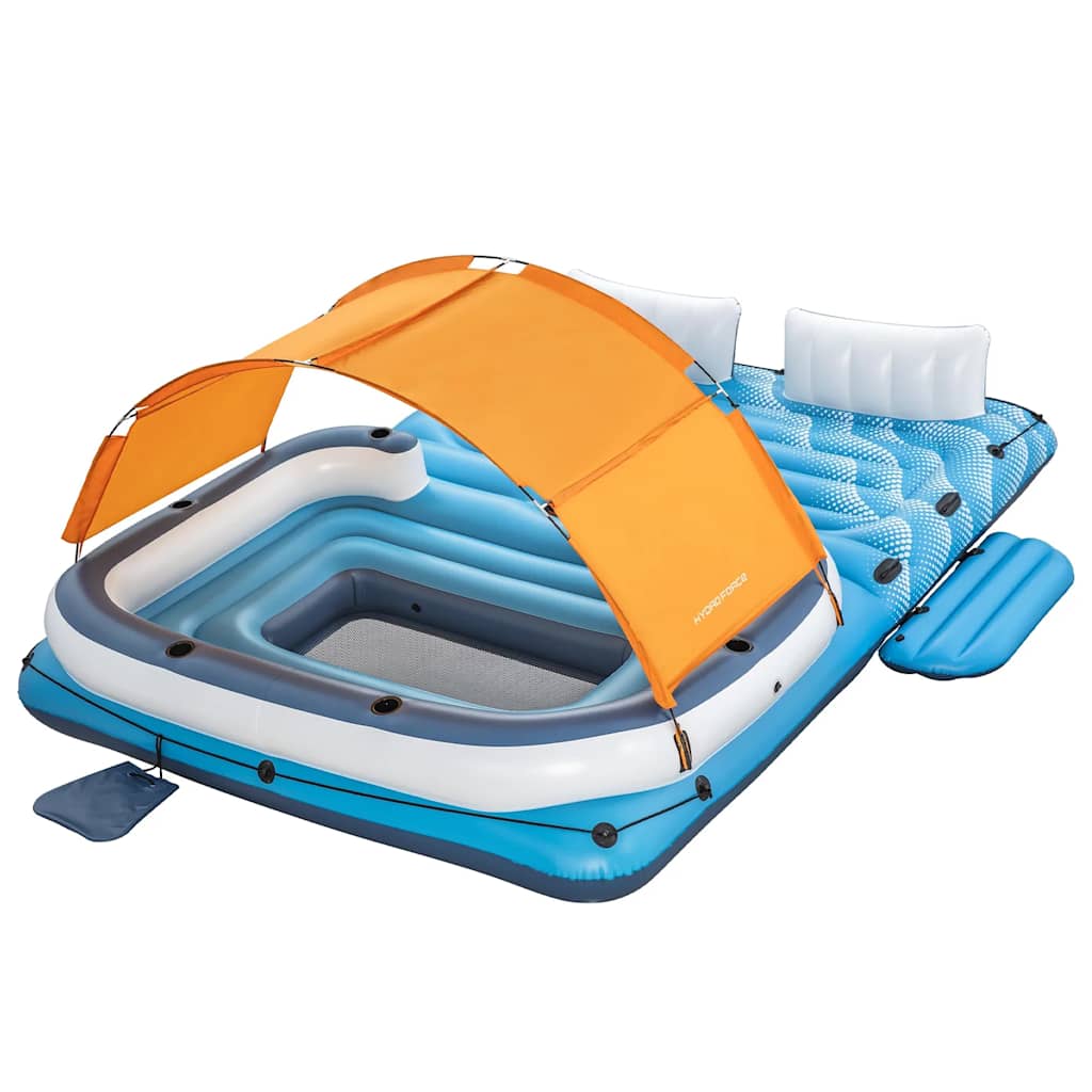 Detail van het Bestway Drijfeiland Tropical Breeze met oranje zonnescherm en brede rugleuningen.