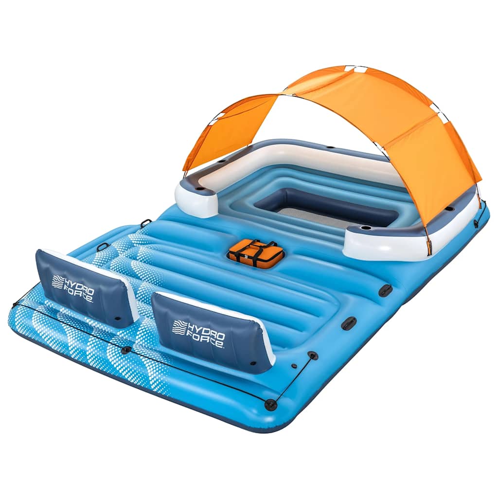 Detail van het Bestway drijfeiland met oranje zonnescherm en ingebouwde bekerhouders.