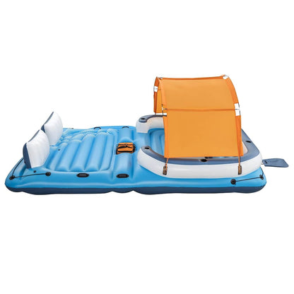 Detail van het Bestway Drijfeiland Tropical Breeze met oranje zonnescherm en ingebouwde bekerhouders.