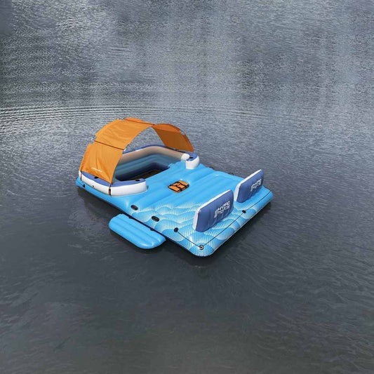 Drijfeiland Bestway Tropical Breeze 389x274 cm met oranje zonnescherm op het water.