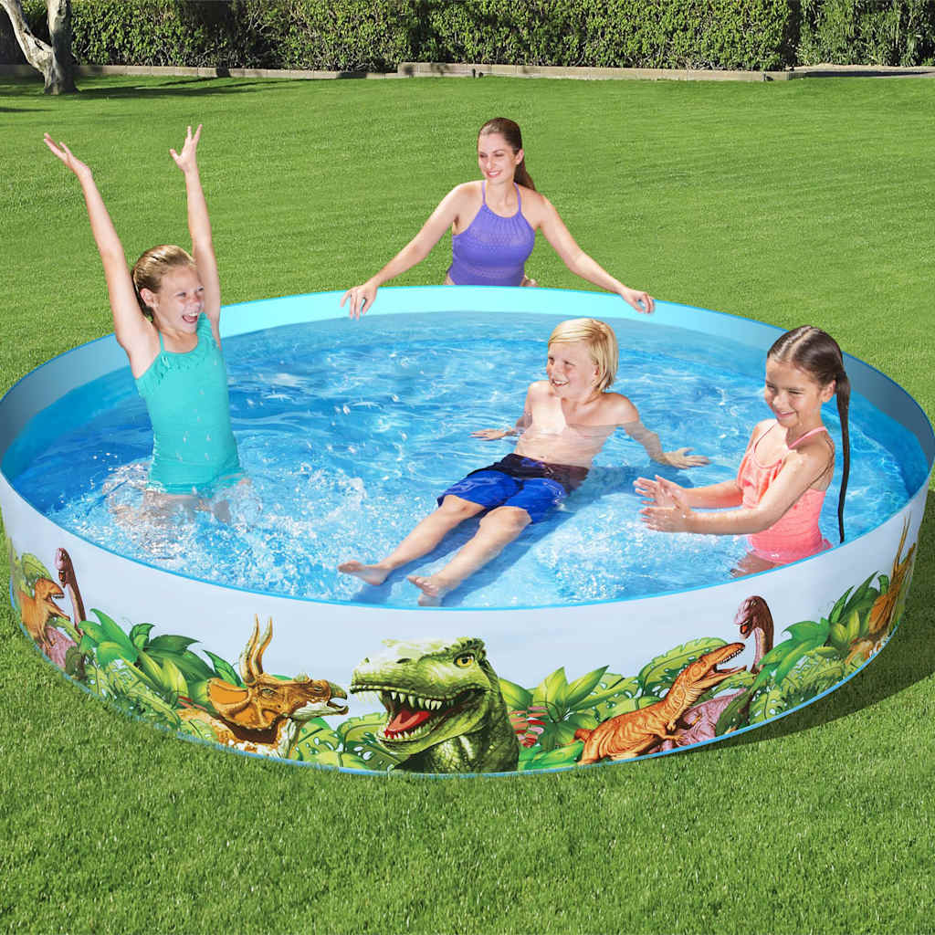 Kinderen spelen in het Bestway Dinosaur Fill'N Fun zwembad met vrolijke dinosaurussen.