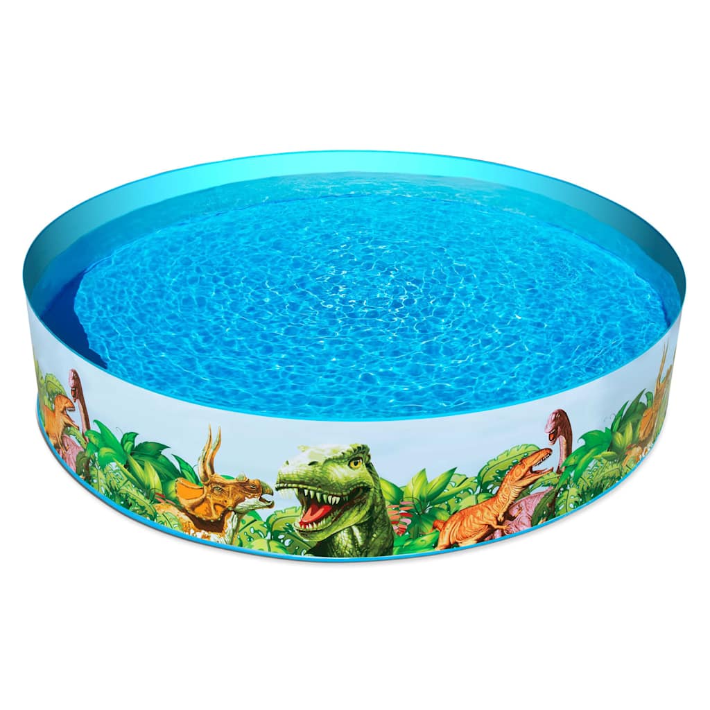 Detail van het Bestway Dinosaur Fill'N Fun zwembad met kleurrijke dinosaurussen op de rand.
