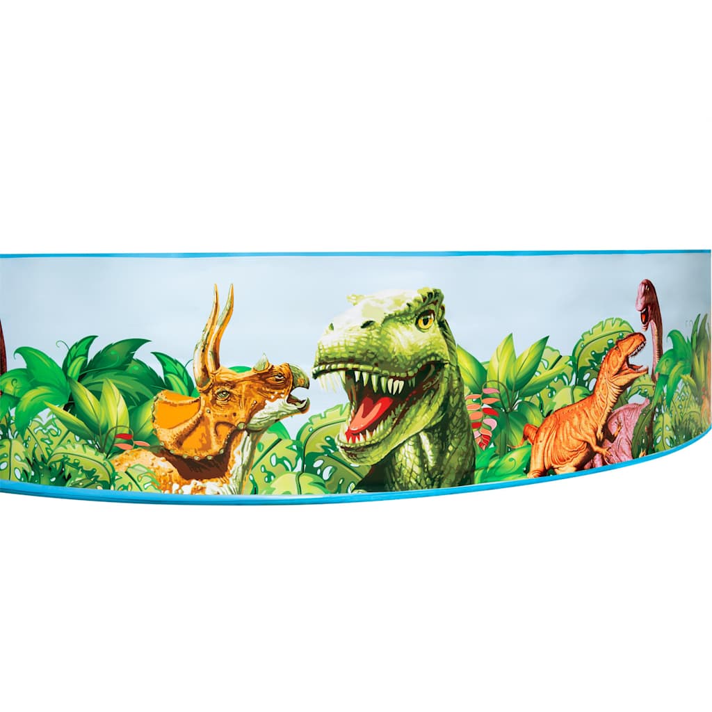 Detail van de kleurrijke dinosaurussen op de zijwand van het Bestway zwembad.