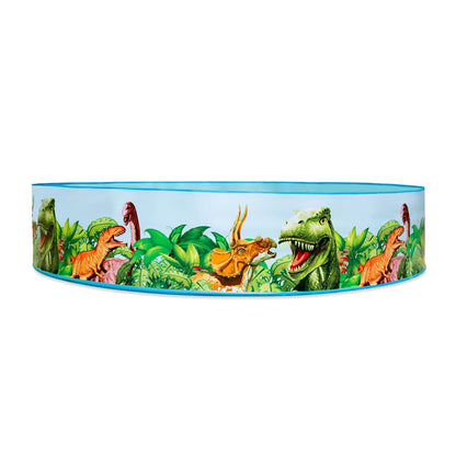 Zijaanzicht van het Bestway Dinosaur Fill'N Fun zwembad met kleurrijke dinosaurustekeningen.