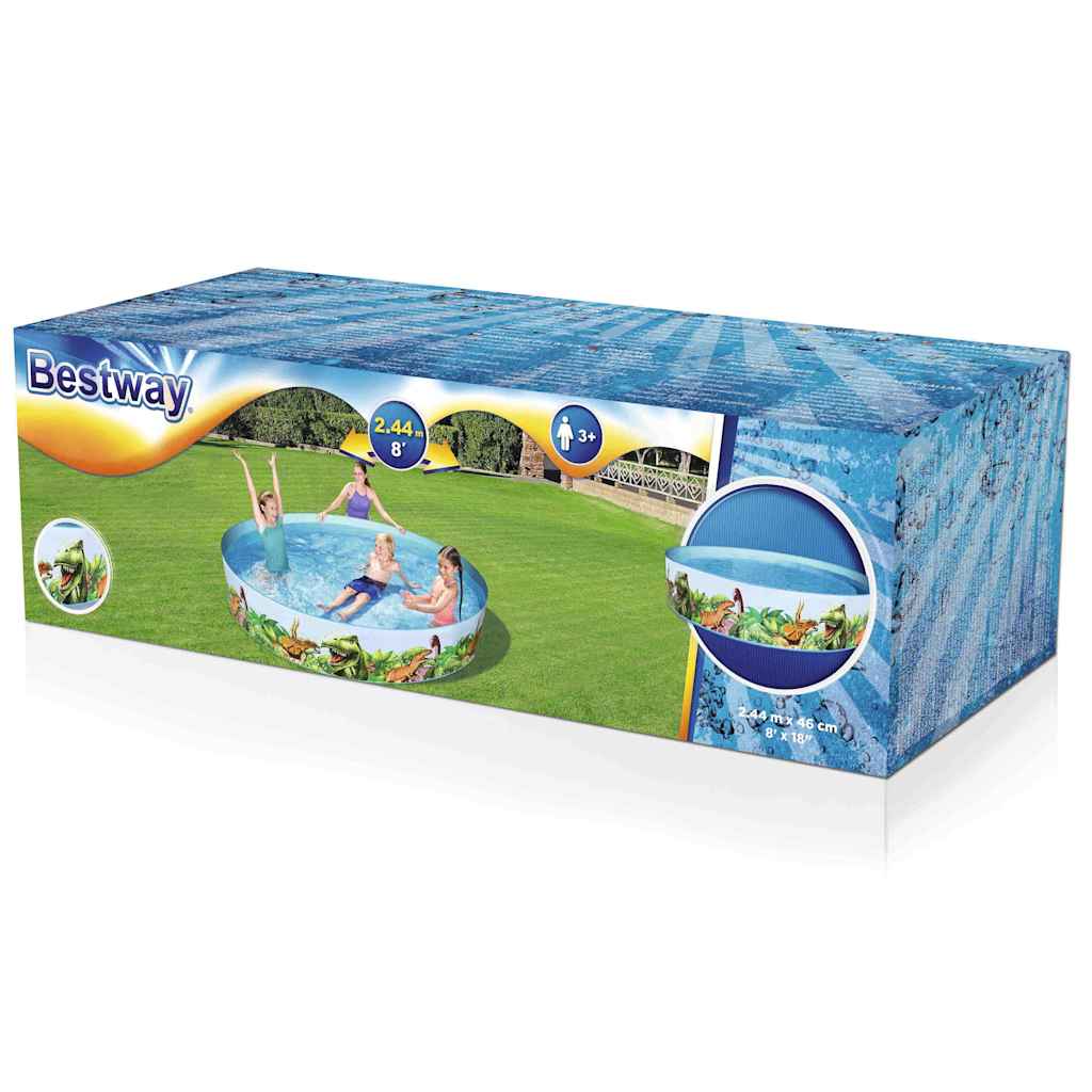 Doos van het Bestway Dinosaur Fill'N Fun zwembad met afbeelding van kinderen die spelen.