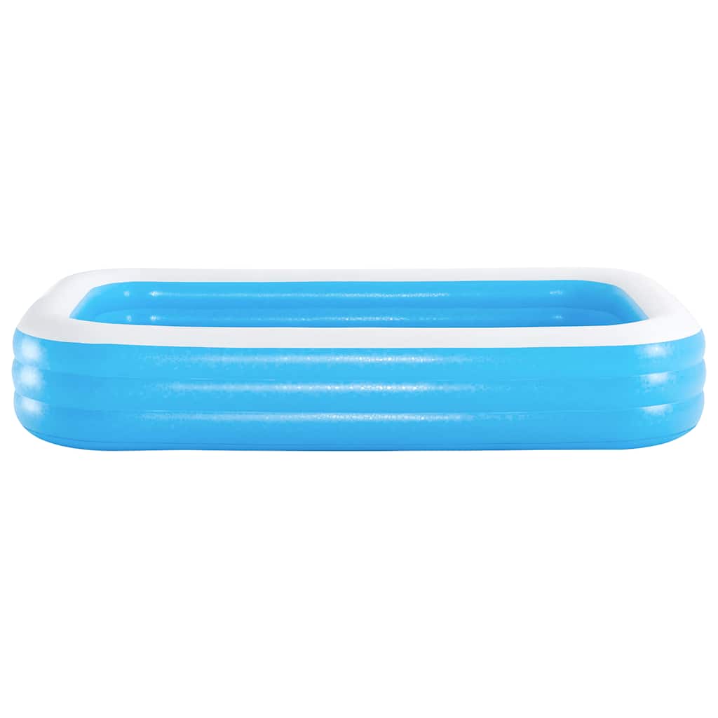 Zijaanzicht van het Bestway opblaasbare zwembad in blauw met witte rand.