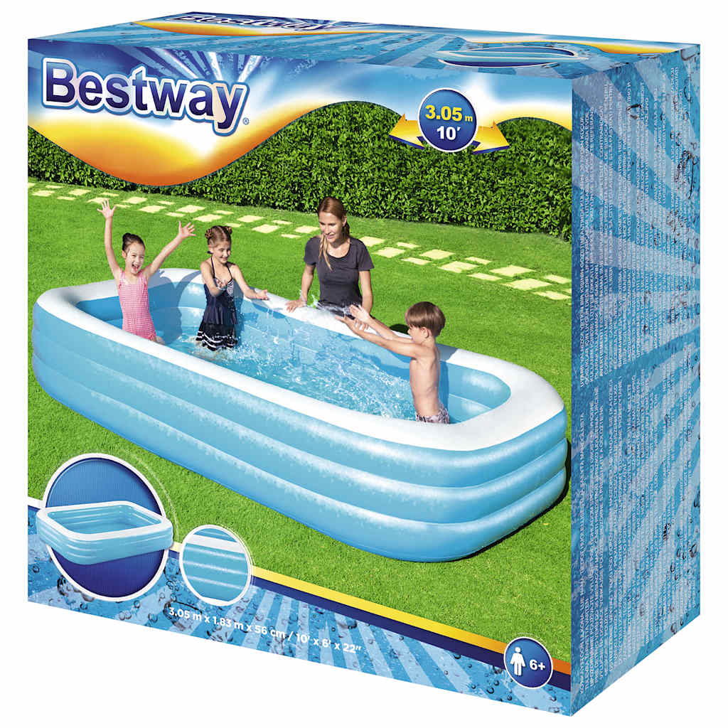 Zijaanzicht van het Bestway opblaasbare zwembad met kinderen die spelen.