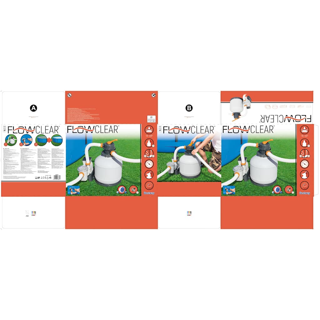 Detail van de Bestway Flowclear zandfilterpomp met aansluitingen en gebruiksinstructies.