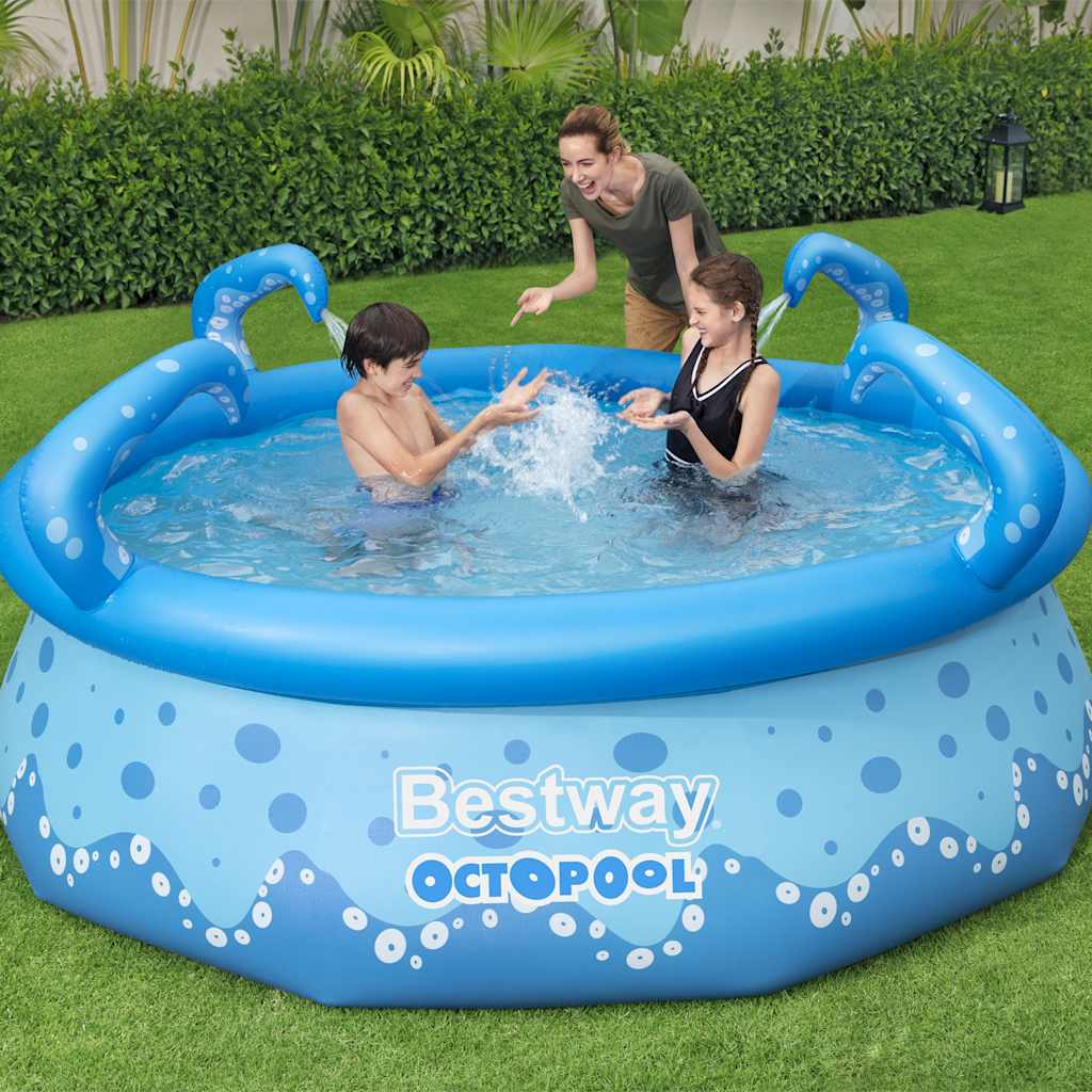 Detail van het Bestway OctoPool zwembad met sproeiers en spelende kinderen.