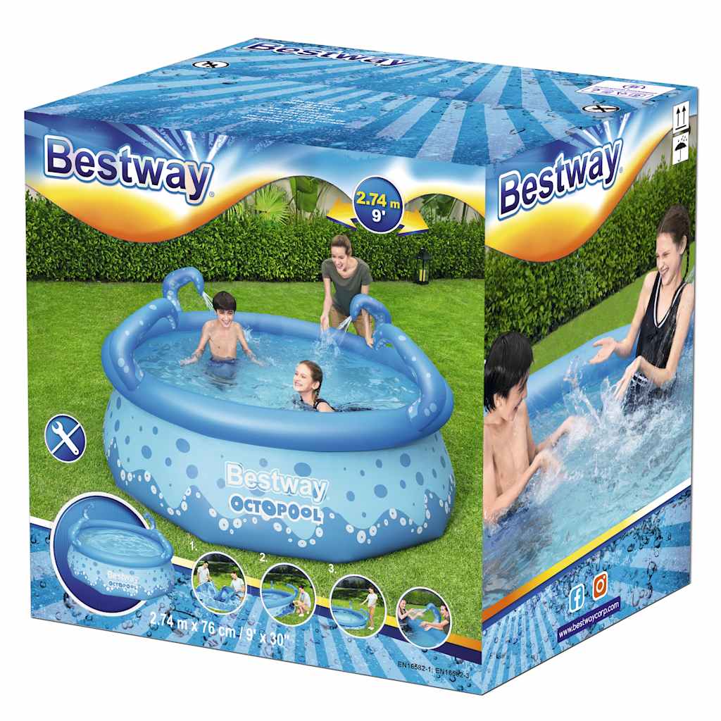 Bestway Easy Set OctoPool 274x76 cm verpakking met kinderen die spelen in het zwembad.