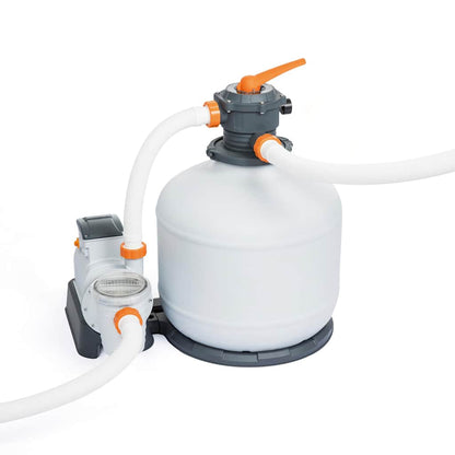 Bestway Flowclear zandfilterpomp met witte tank en oranje details voor efficiënt zwembadonderhoud.