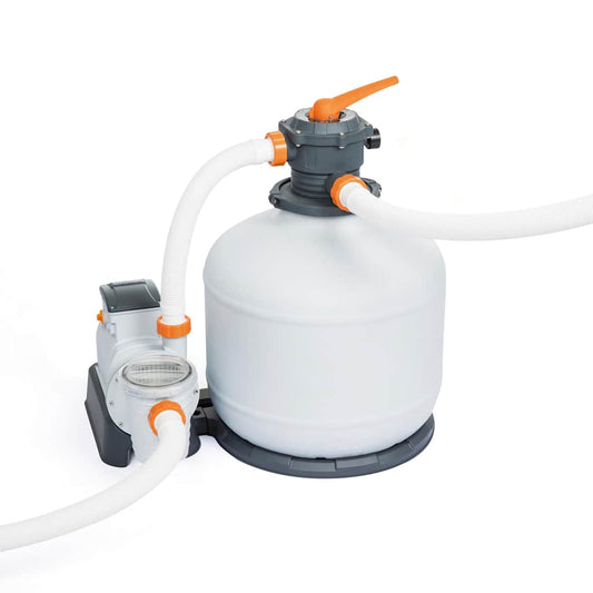 Bestway Flowclear zandfilterpomp met witte tank en oranje details voor efficiënt zwembadonderhoud.