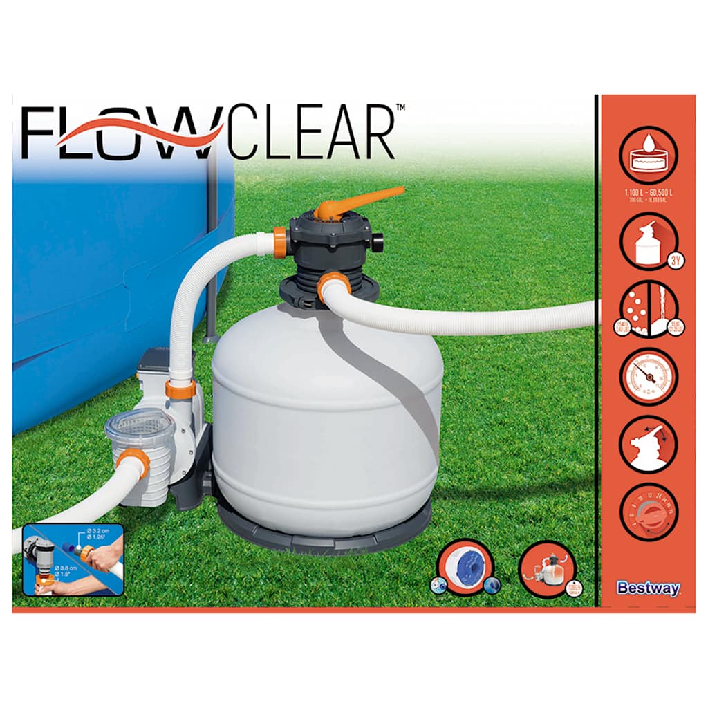 Detail van de Bestway Flowclear zandfilterpomp met aansluitingen en bedieningspaneel.