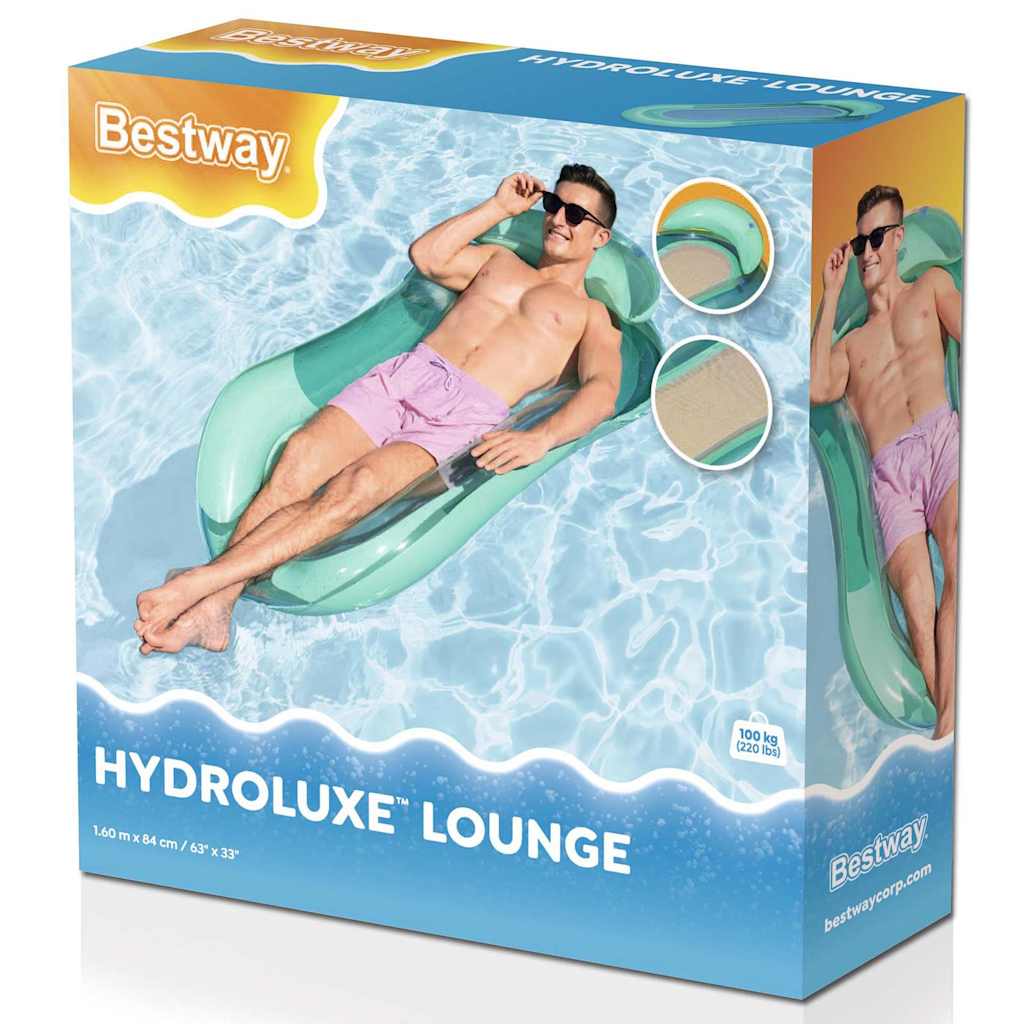 Detail van de Bestway Aqua Lounge met comfortabele hoofdsteun en mesh bodem in het zwembad.