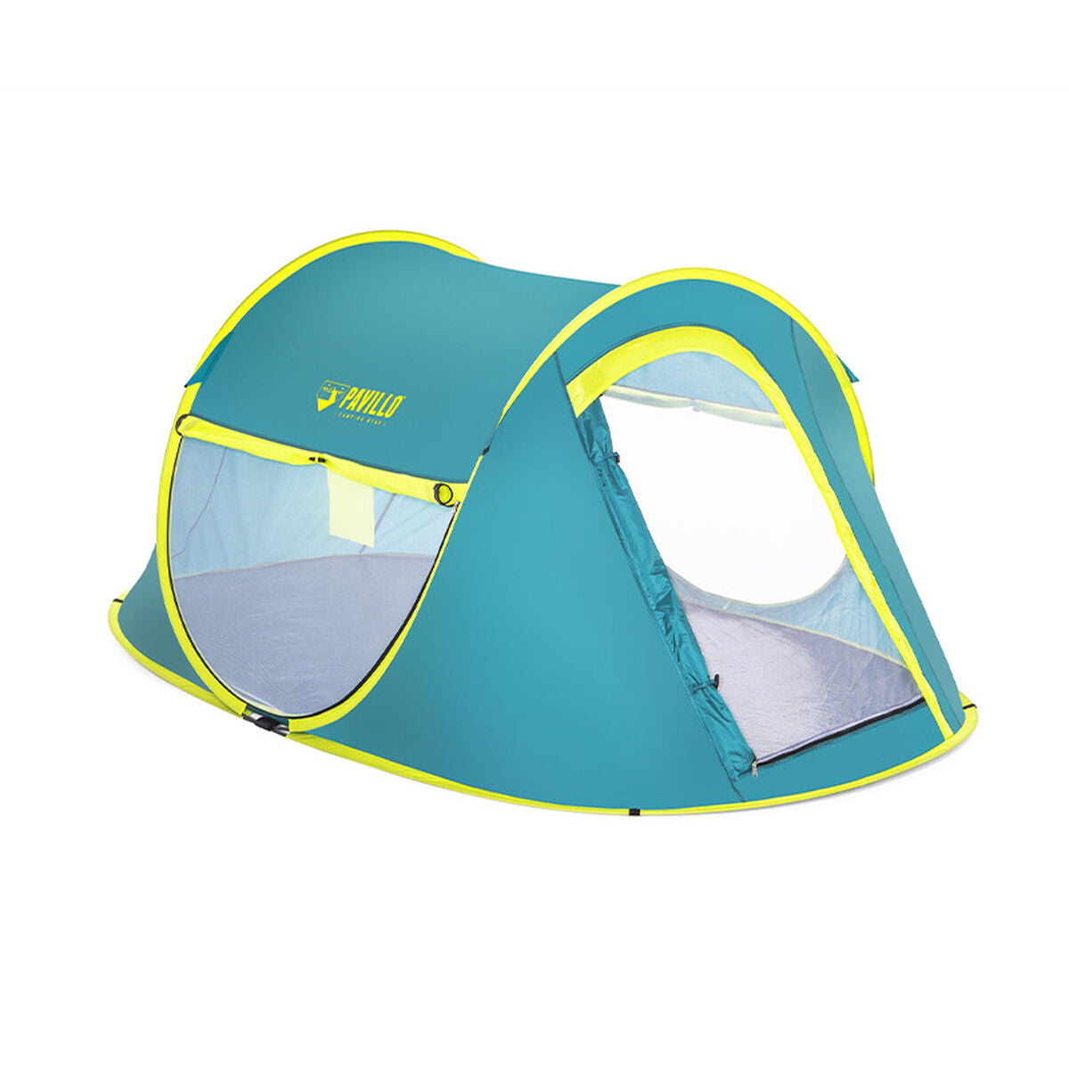 Bestway kampeertent in turquoise met gele accenten, vooraanzicht met open deur.