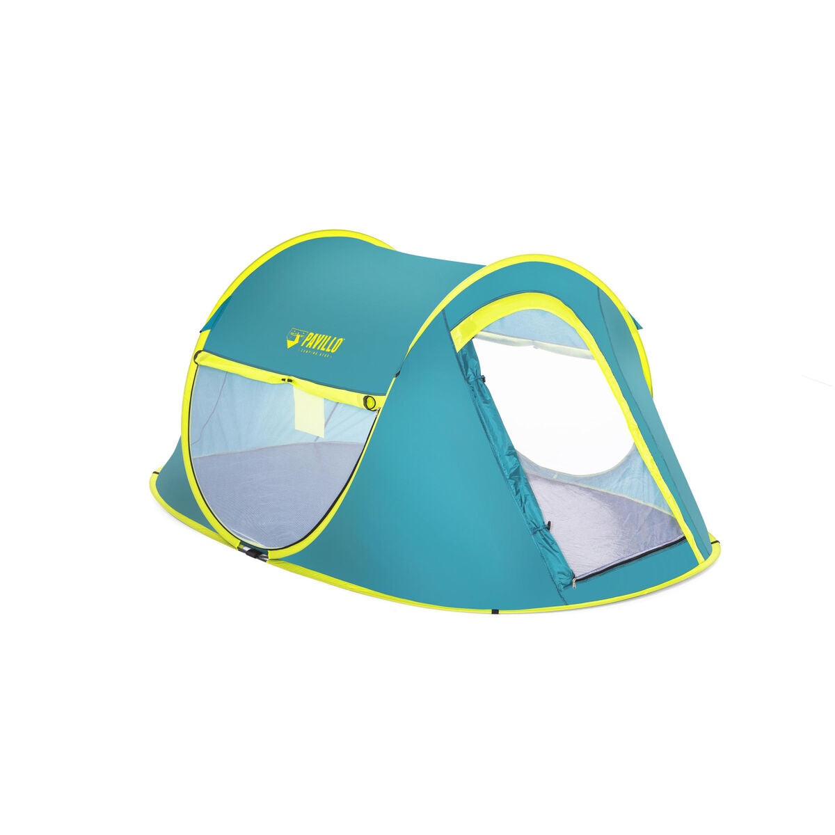 Detail van de Bestway kampeertent in turquoise met gele accenten en open ingang.