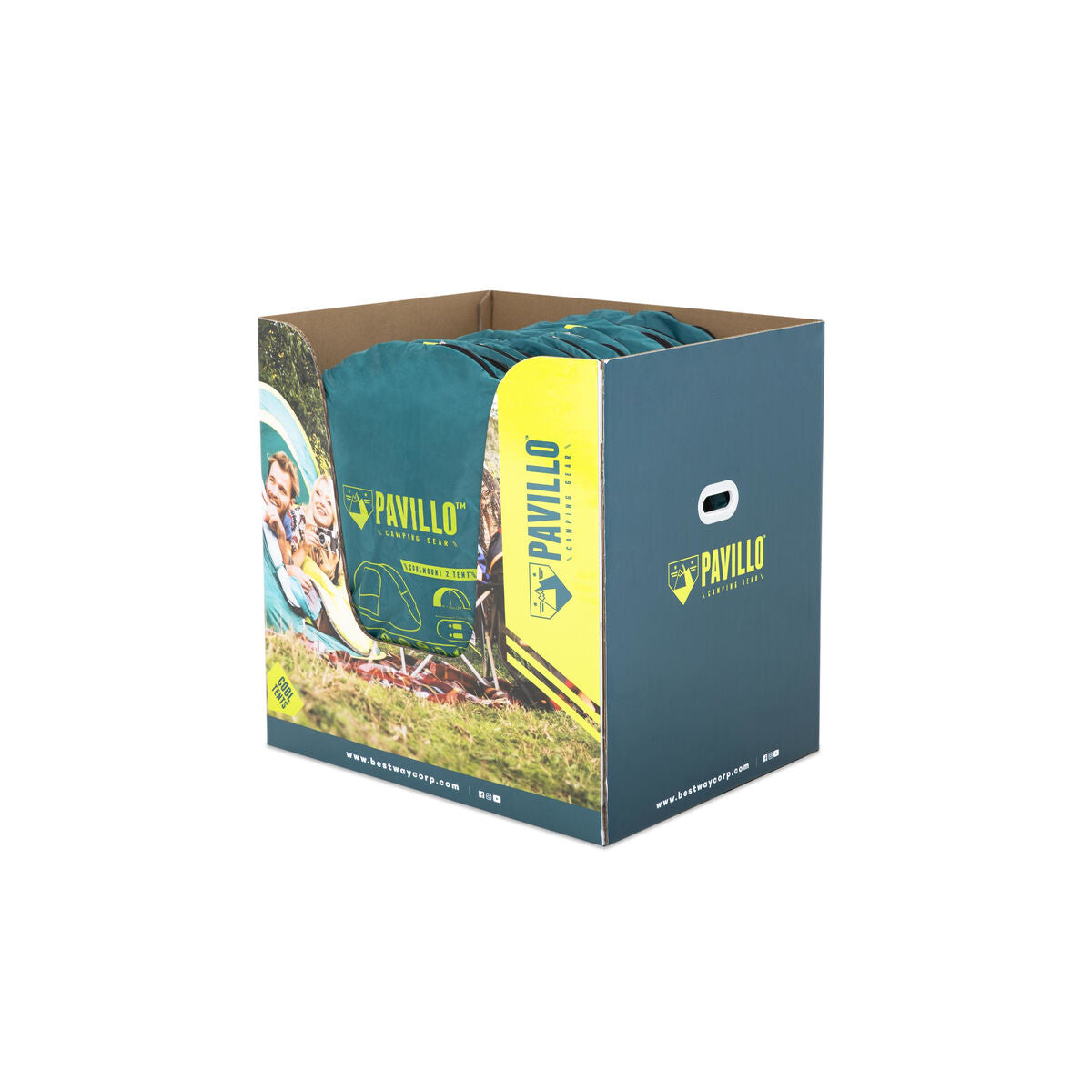 Doos van de Bestway kampeertent met afbeelding van gezin in de natuur.