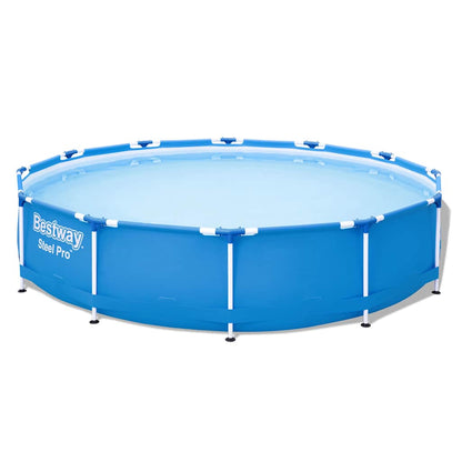 Detail van het Bestway Steel Pro zwembad met blauwe wand en ronde vorm.