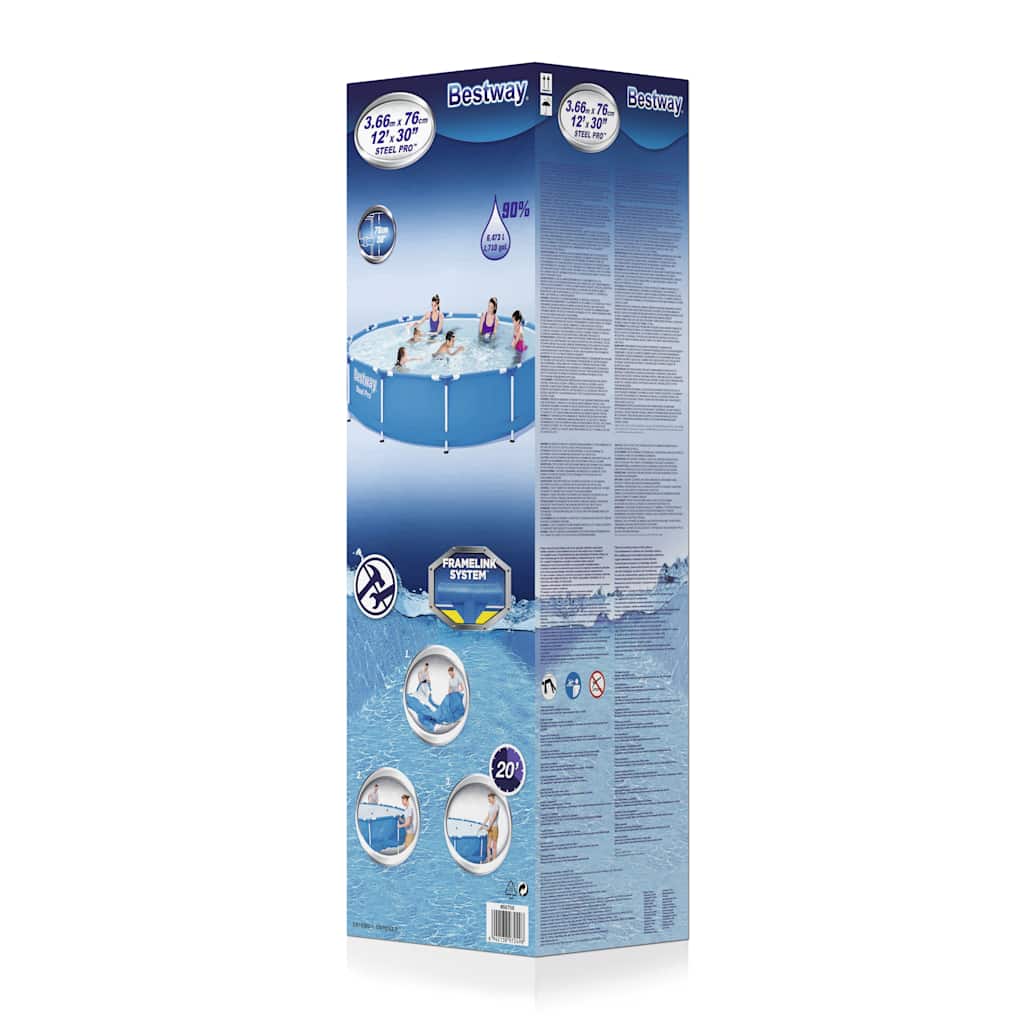 Detail van de verpakking van het Bestway Steel Pro zwembad met gebruiksinstructies en afbeeldingen van het product.