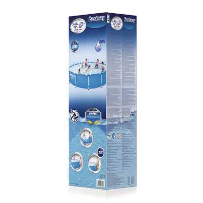 Detail van de verpakking van het Bestway Steel Pro zwembad met gebruiksinstructies en afbeeldingen van het product.
