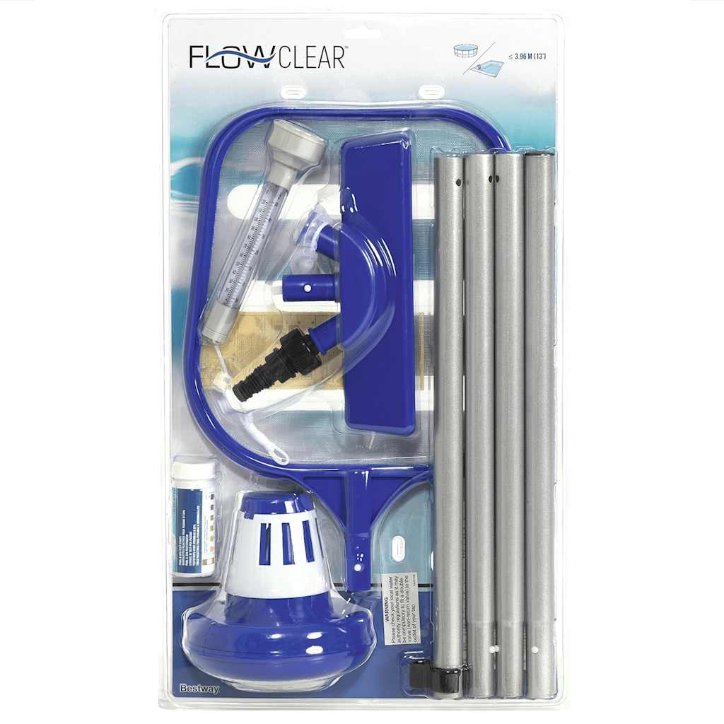 Detail van de Bestway Flowclear onderhoudsset met accessoires en teststrips voor zwembadonderhoud.