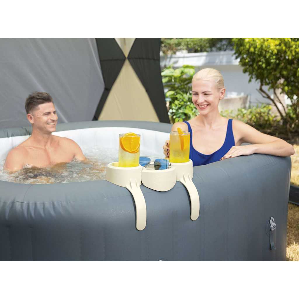 Bekerhouder vidaXL Lay-Z-Spa met twee glazen, geplaatst op de rand van het bubbelbad.
