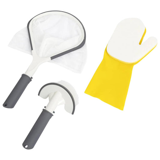 Bestway all-in-one Lay-Z-Spa schoonmaakset met net, borstel en handschoen in grijs en geel.