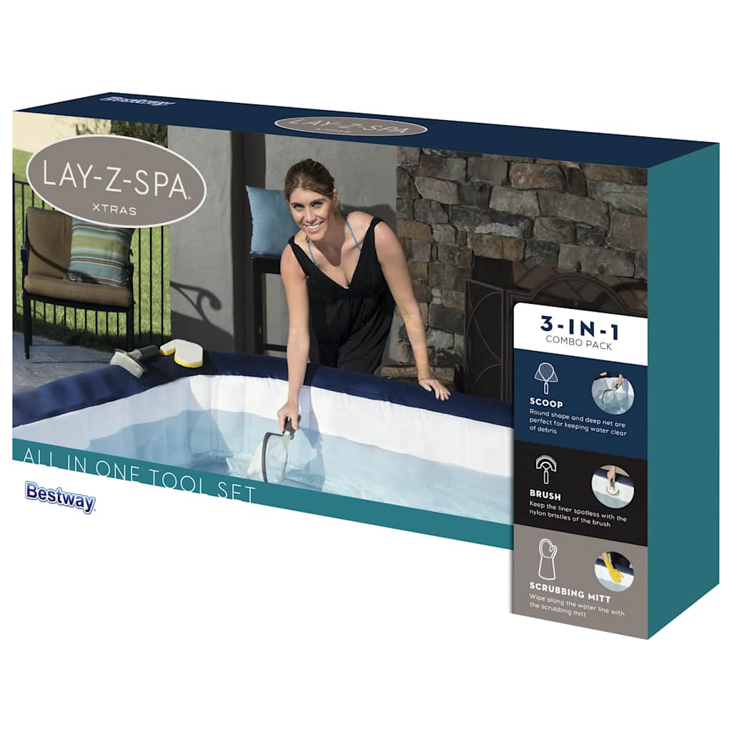 Detail van de Bestway Lay-Z-Spa schoonmaakset met een vrouw die het net gebruikt.