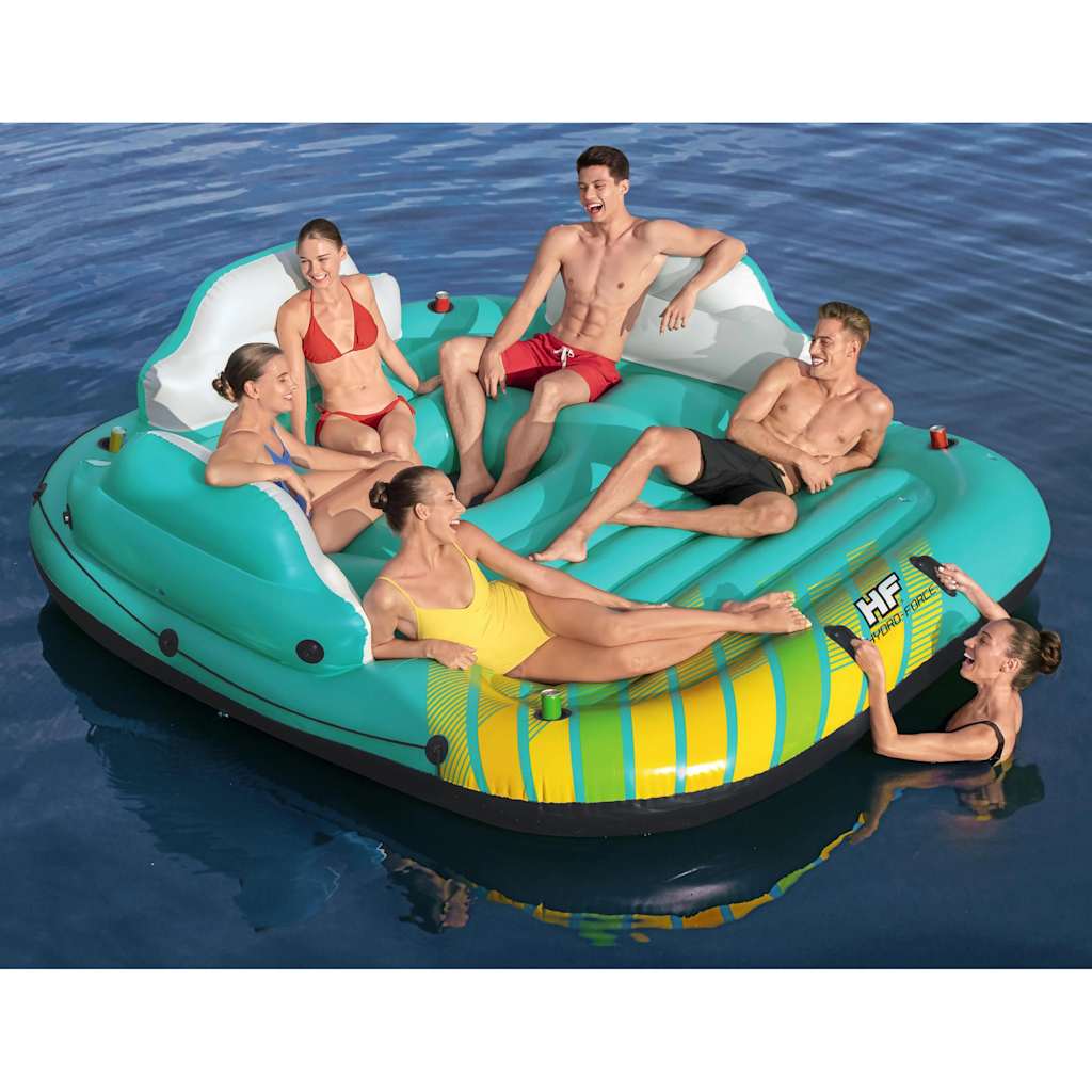 Zijaanzicht van het vidaXL opblaasbare lounge-eiland met zes personen op het water.