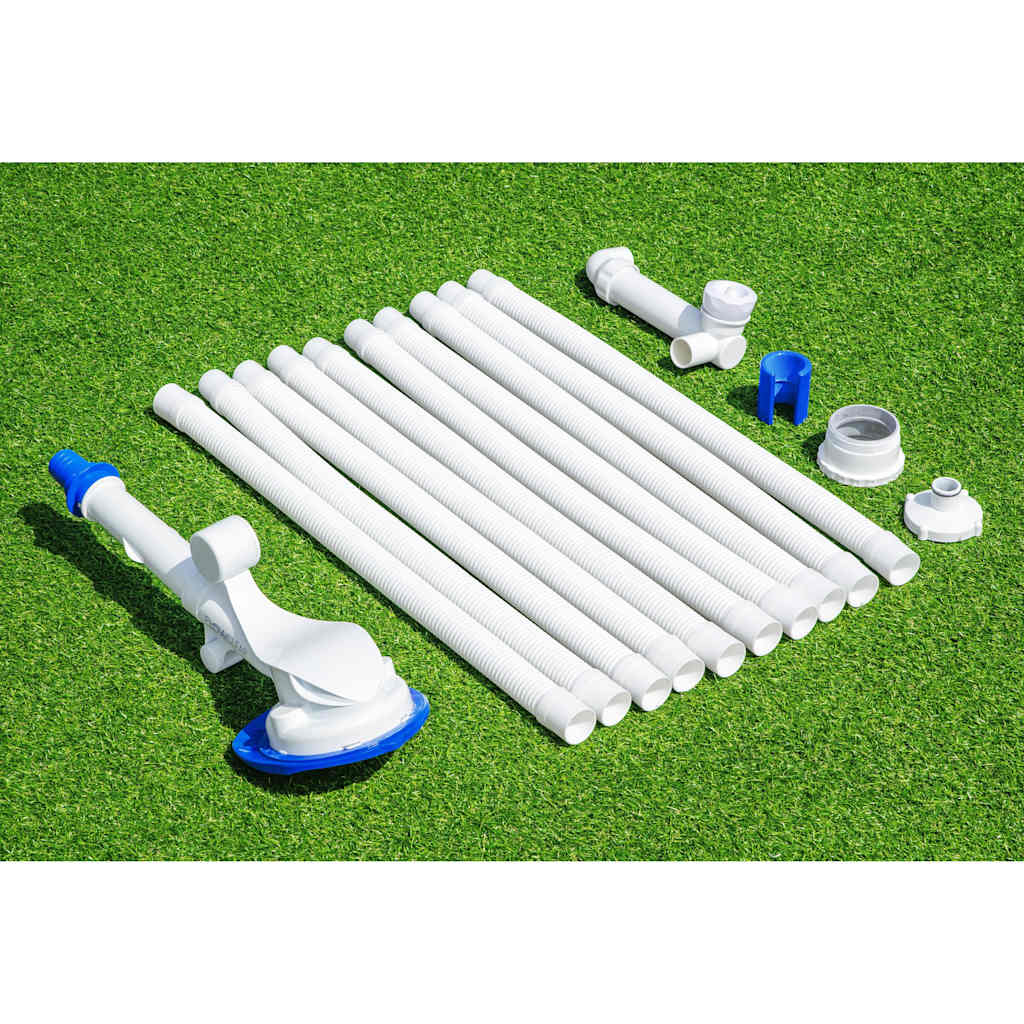Detail van de witte slangen en accessoires van de Bestway Flowclear AquaSweeper zwembadstofzuiger.