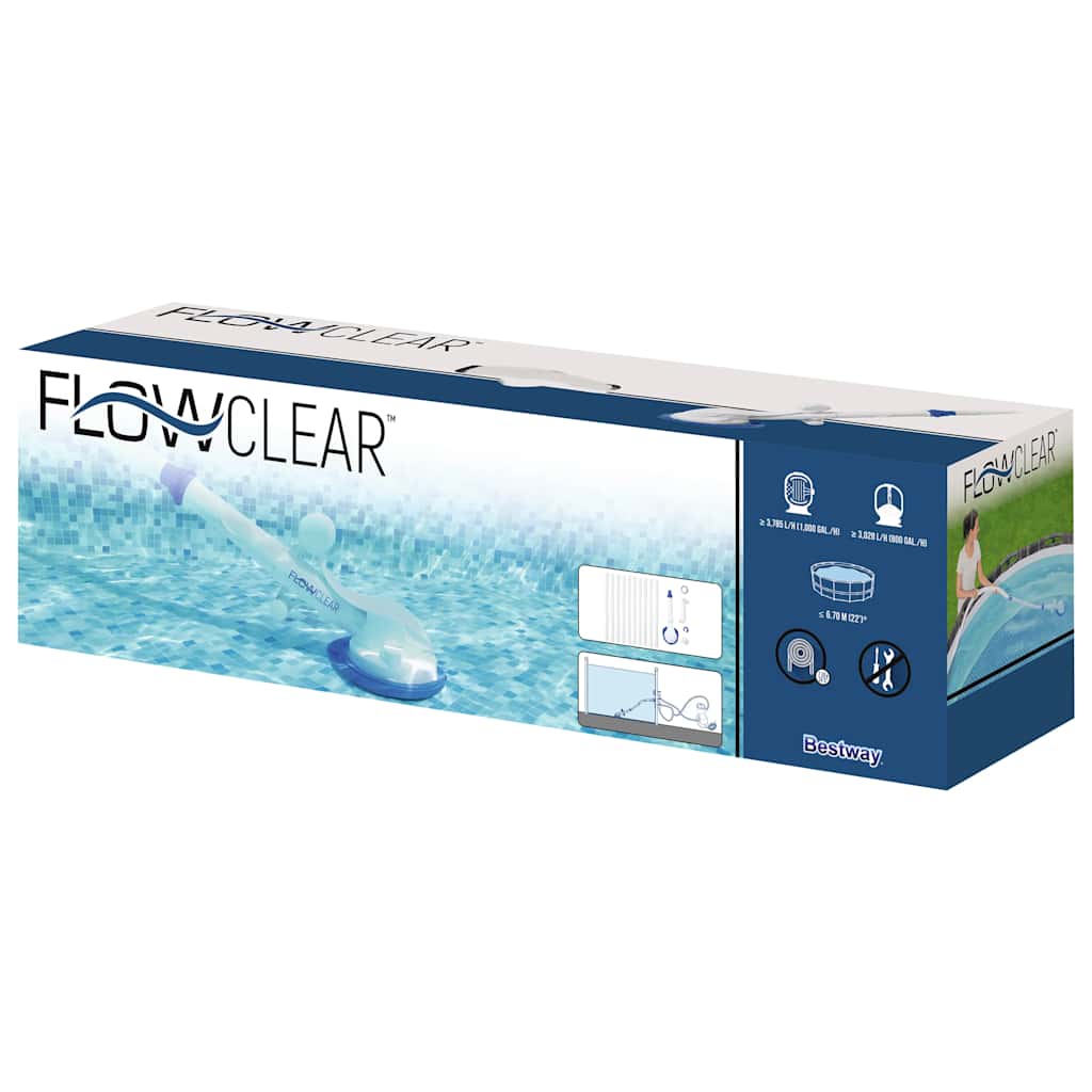 Doos van de Bestway Flowclear AquaSweeper zwembadstofzuiger met afbeelding en specificaties.