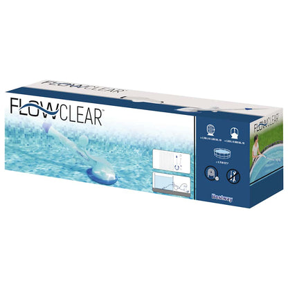 Doos van de Bestway Flowclear AquaSweeper zwembadstofzuiger met afbeelding en specificaties.