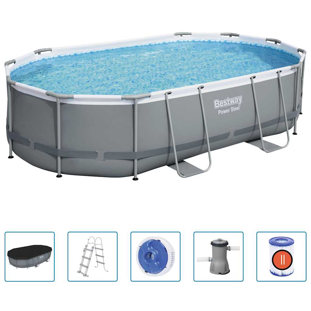 Detail van de Bestway Power Steel ovaal zwembadset met helder water en metalen frame.