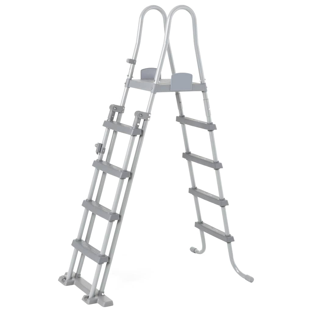 Detail van de Bestway Power Steel zwembadtrap met zes treden en een stevige metalen constructie.