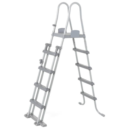 Detail van de Bestway Power Steel zwembadtrap met zes treden en een stevige metalen constructie.