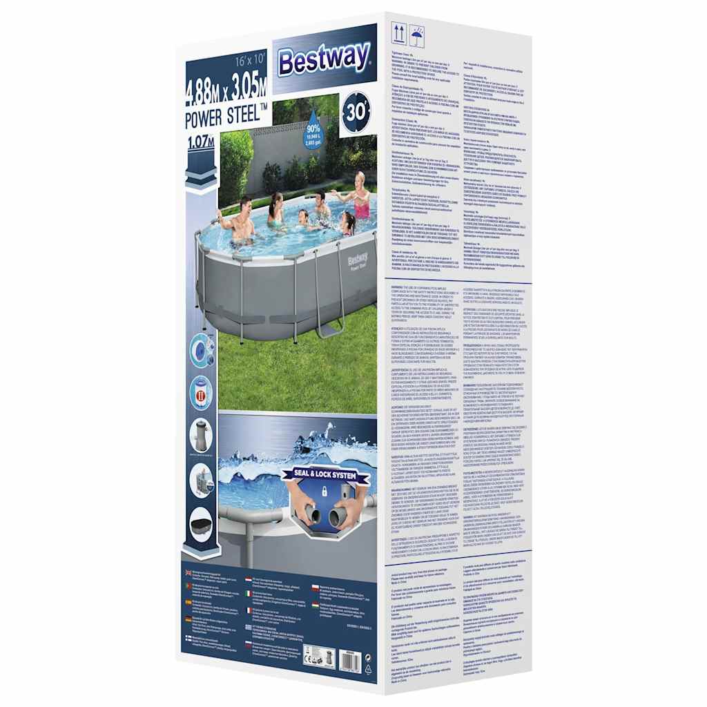 Detail van de Bestway Power Steel zwembadset met afmetingen en gebruiksinstructies op de verpakking.