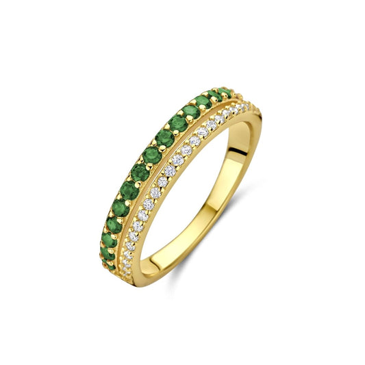 Gouden ring van New Bling met groene en witte stenen, elegant ontwerp.