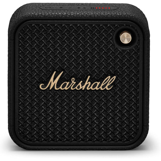 Zwarte Marshall Willen II Bluetooth luidspreker met herkenbaar logo en compact ontwerp.