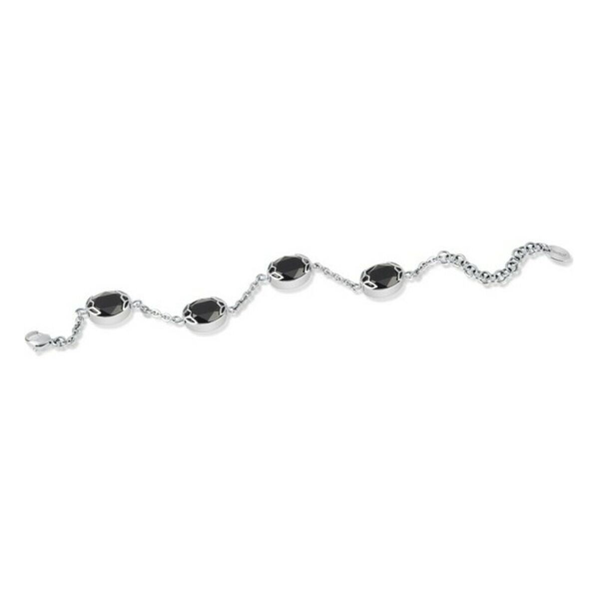 Elegante Swatch armband voor dames met zwarte stenen en een zilverkleurige ketting.