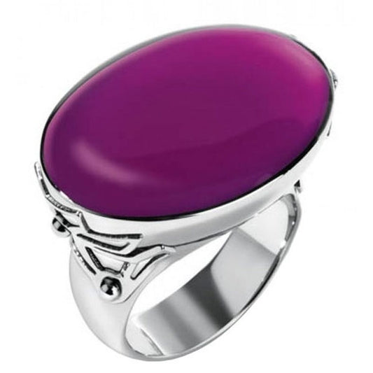Elegante Swatch ring voor dames met een grote paarse edelsteen en zilveren band.