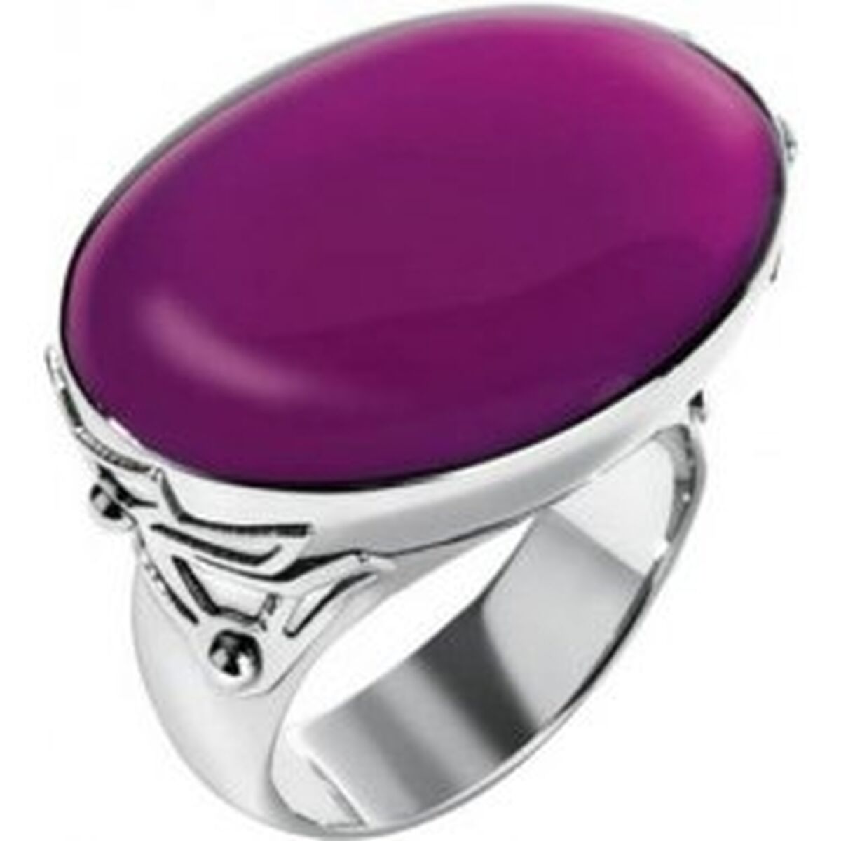 Zilveren Swatch ring met een grote paarse edelsteen, elegant en stijlvol ontwerp.