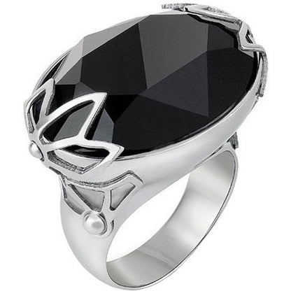 Zilveren Swatch ring met een grote, zwarte, facette geslepen edelsteen.